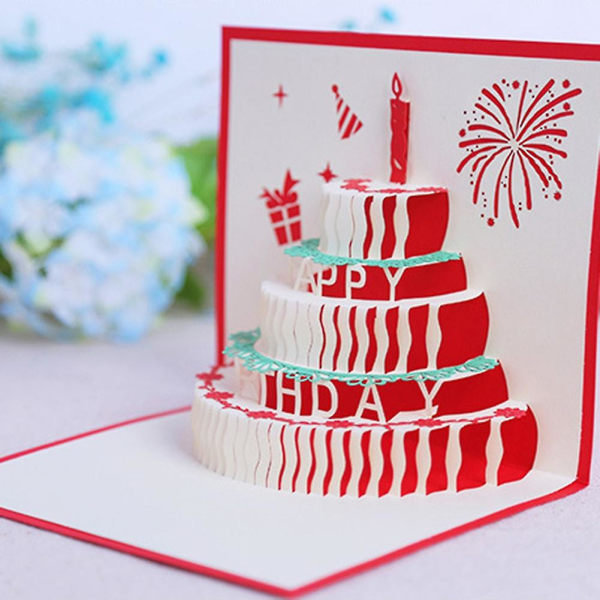 Luovat syntymäpäiväkakkukynttilät 3D Pop Up Paperiset onnittelukorttifestivaalilahja Jikaix Red