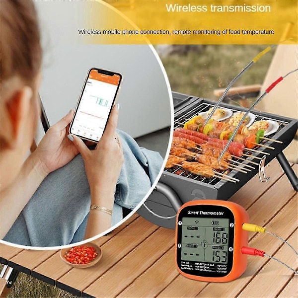 Trådløst Kjøtttermometer for Grill Røyk Ovn APP Digitalt Termometer med Fire Prober Smart BBQ Mattermometer [DB] Orange