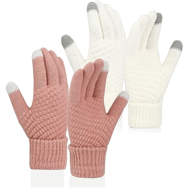 Touchscreen varm uld foret handsker Pink & White 2-delt sæt