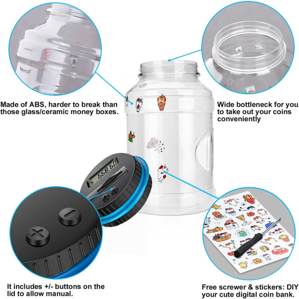 Digital sparebøsse, sparebøsse med automatisk telling for barn, digital sparebøsse med LCD-skjerm, sparebøsse støtter euro-mynter, sparebøsse med barn