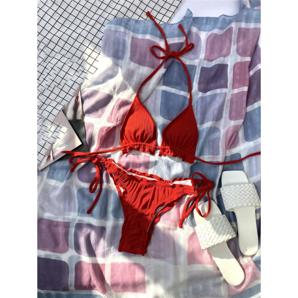 Blomstertrykk for kvinner Halter Triangle Tie Side Bikinisett Todelt badedrakt (rød)