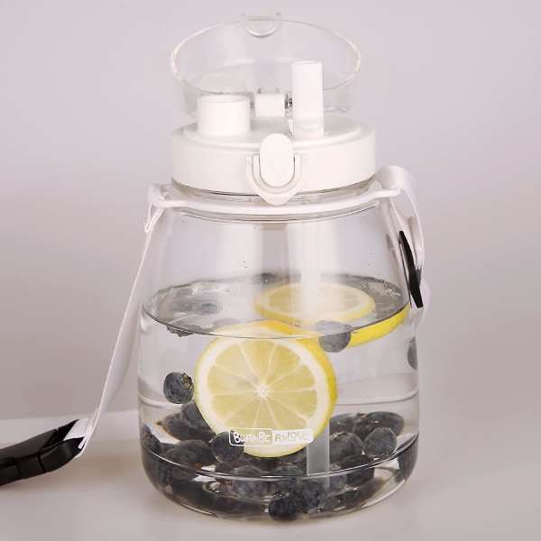 Db Söta Vattenflaskor Med Sugrör, 45oz(1300ml) Plast Vattenflaskor Med Axelrem, Lämplig För Vuxna Vit