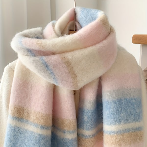 Koselig stripet chunky skjerf for par - Myk polyester, varm & vindtett sjal for høst/vinter, fasjonabelt design db Beige Blue