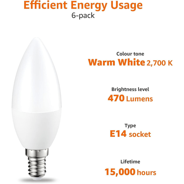 6 kpl pienen liekinmuotoisen LED-lampun sarja Edison-ruuvikanta E14 5w (vastaa 40w) lämmin valkoinen himmennettävä intensiteetti