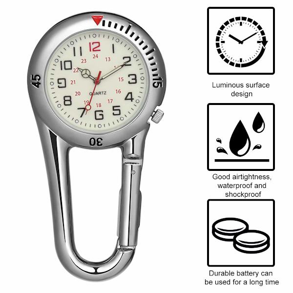 Clip-on Fob-ur, natlyslegeringur, ideel til læger, sygeplejersker, bjergbestigning, bjergbestigning, hvid