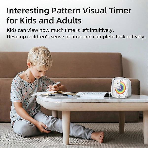 60-Minutters Visuel Timer med Natlys, Nedtællingstimer, Pomodoro Timer med Regnbue Mønster til Børn og Voksne Hvid-XinHan db White