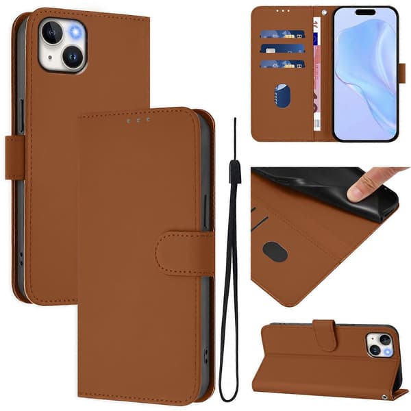 Skin Feel Läder Telefonfodral För iPhone 15 Plus [DB] Brown