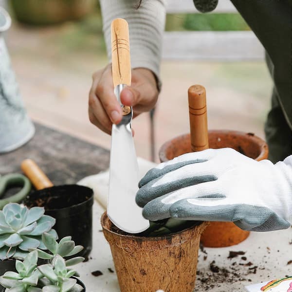 Håndspade med trehåndtak for hagearbeid, liten, rustfritt stål