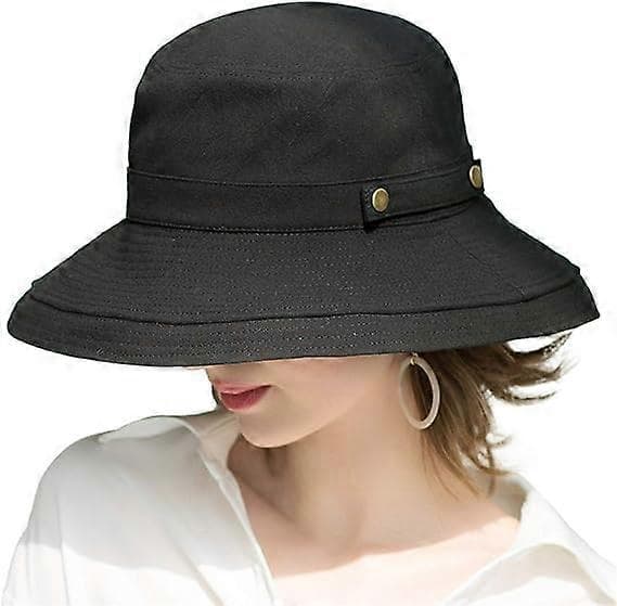 \"Solhatt for kvinner, bredbremmet strandhatt i bomull\" [DB] Black
