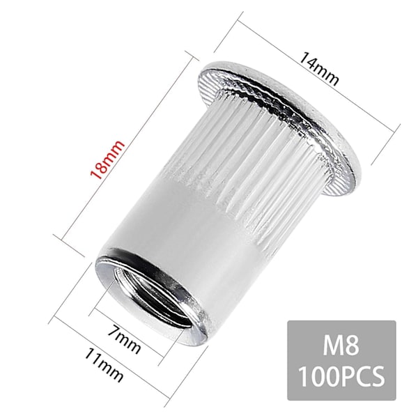 100 st M8 nitar, rostfritt stål nitar, sortiment M8 gängade insatsmutter platt huvud för metallplast (14 mm x 18 mm)