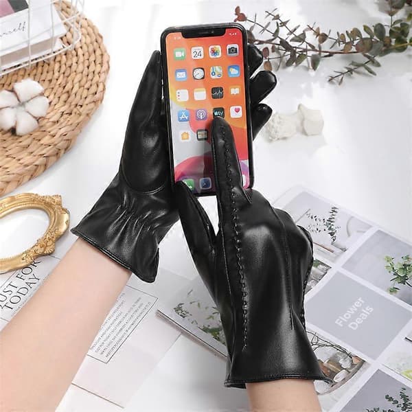 Damelæderhandsker Vinter Bløde Anti-Slip Touchscreen Varme Foret Handsker DB Black