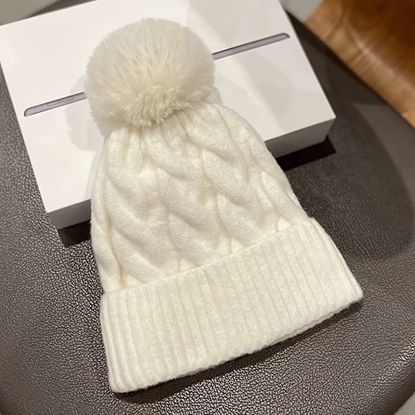 Cozy Fleece-Foret Beanie med Pompom - Strækbar, varm vinterhue til kvinder, ensfarvet db White