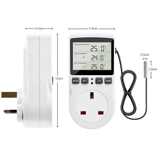 Digital Termostat, 230V Temperaturregulator Stikkontakt, 13A Timer Switch Stik med Sensor til Reptil Drivhus Hjemmefermentering db EU
