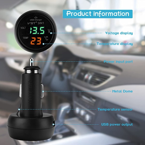 Bil voltmeter, 3 i 1 USB 5V 2A hurtiglading, bil digital voltmeter, termometerkontakt, for 12-24V bilbuss lastebil mobiltelefonlading