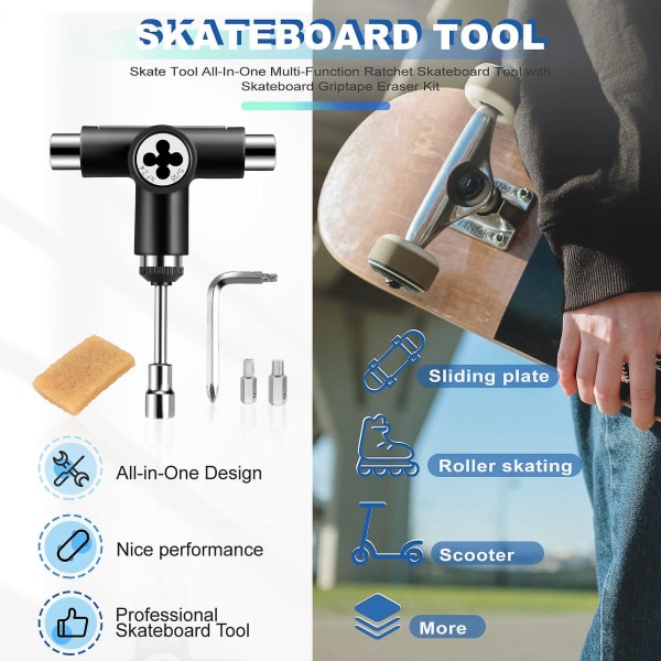 Skate Tool Alt-i-en multifunktion Ratchet Skateboard Tool med Skateboard Griptape Eraser Kit