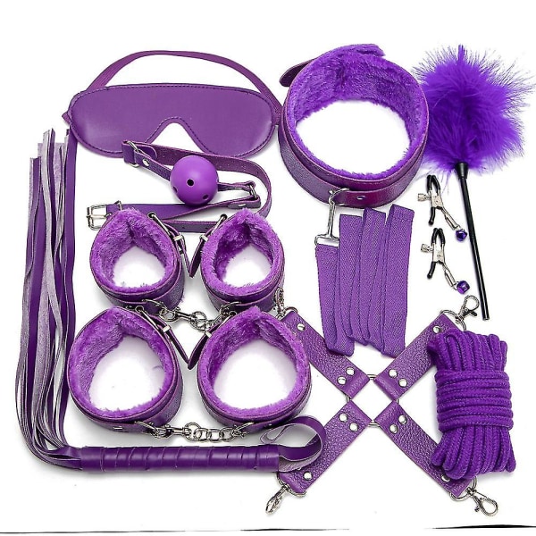 10 stk/sæt Læder Bodaged Kit Adlt - Håndjern/ankelmanchetter/krave//mundprop/pisk/bomuldssnor/krydsspænde/brystclips/fjer Db Purple