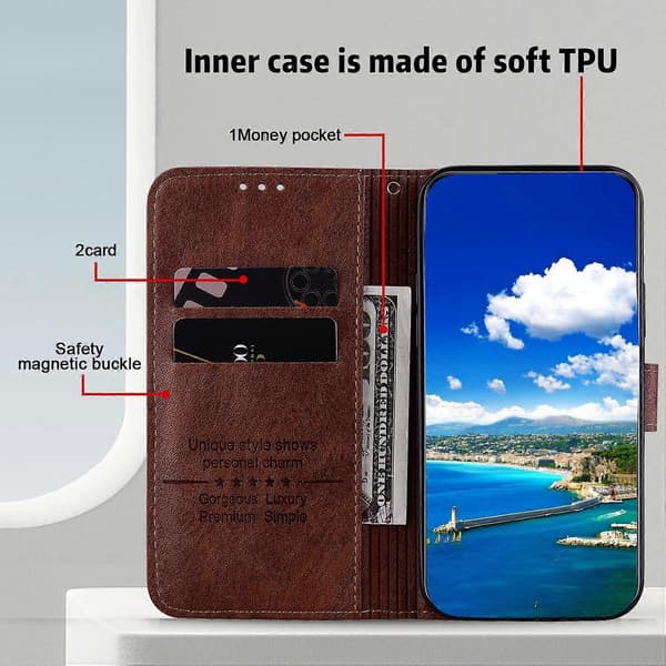 Solid farve læder foldbart stativ tegnebog læder telefoncover til iPhone 16 [DB] Multicolor Brown
