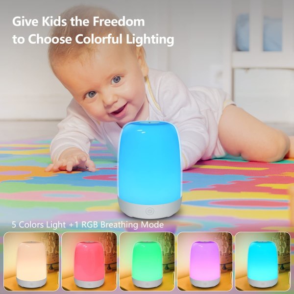 Børnenatlampe, babynatlampe med dæmpbar, 5 farveskiftende lys, USB genopladelig