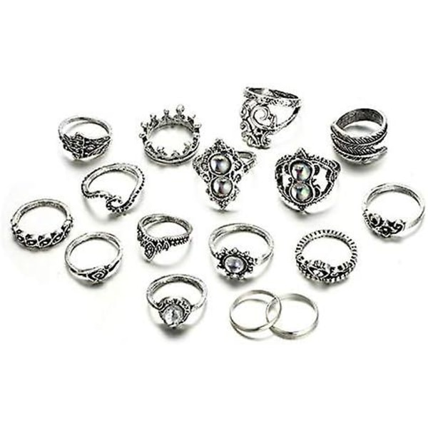 Vintage Boho Crystal Ring Sæt: 16 stk Sølv Joint Knuckle Ringe til kvinder og piger