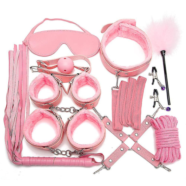 10 st/set Läder Bodaged Kit Adlt - Handbojor/fotbojor/krage//munstopp/piska/bomullssnöre/kors spänne/bröstklämma/fjäder Db Pink