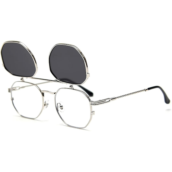 Käännettävät aurinkolasit miehille ja naisille, polarisoidut steampunk-käännettävät aurinkolasit kaksoislinseillä (FW) Silver Frame-Gray Lens 6 x 3.5 x 0.5 inches