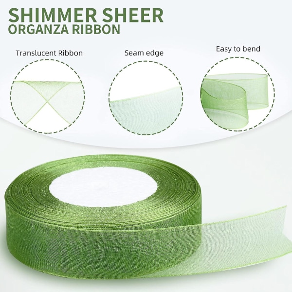 Grøn shimmer gennemsigtigt organzabånd: 25 mm X 45 m rulle til håndværksgaver