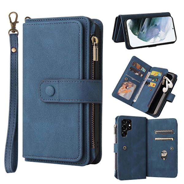 Plånboksdesign PU Läder 15 Kortplatser TPU Telefonskal Fodral för Samsung Galaxy S22 Ultra 5G [DB] Blue