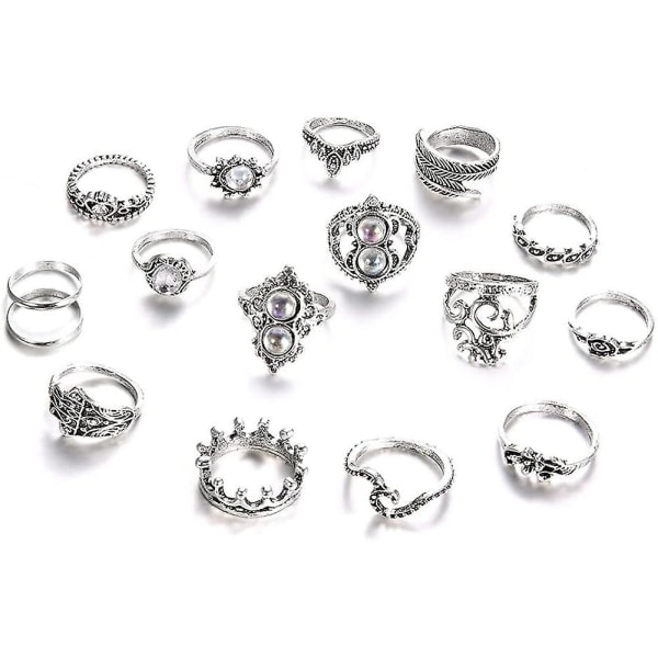 Vintage Boho Crystal Ring Set: 16st Silver Joint Knuckle Rings för kvinnor och flickor