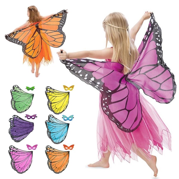 Barn Flickor Halloween Butterfly Wings Cape Med Mask Fairy Pixie Cosplay Cloak Fancy Dress Up Kostym [XC] W3