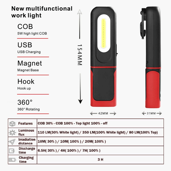 1 stk. sort rød LED auto reparation arbejdslys stærkt lys magnetisk suge reparationslys håndholdt opladningslys bærbar mobil reparationslommelygte