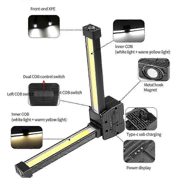 2025 Uppgraderad Gymlampa för Posering, 7-nivåers Dimbar LED Arbetslampa, Magnetisk & Hängande Krok Campingficklampa, USB-C Uppladdningsbar [DB] Black