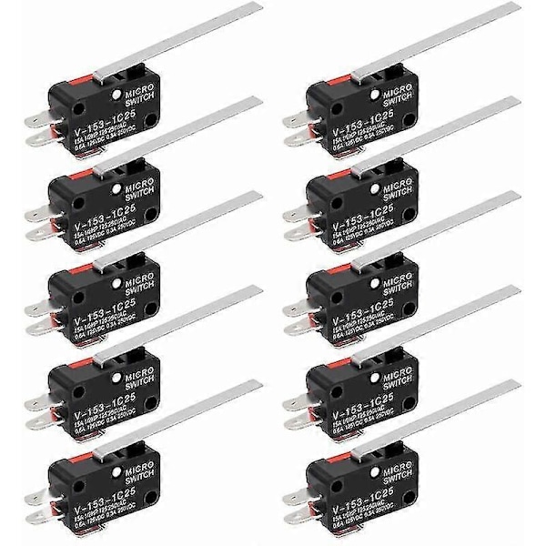 10-pack Mikrobrytare med gångjärnsspakar SPDT 1NO 1NC Momentan Lång Spak Mikrobrytare 3 Stift för {DB}