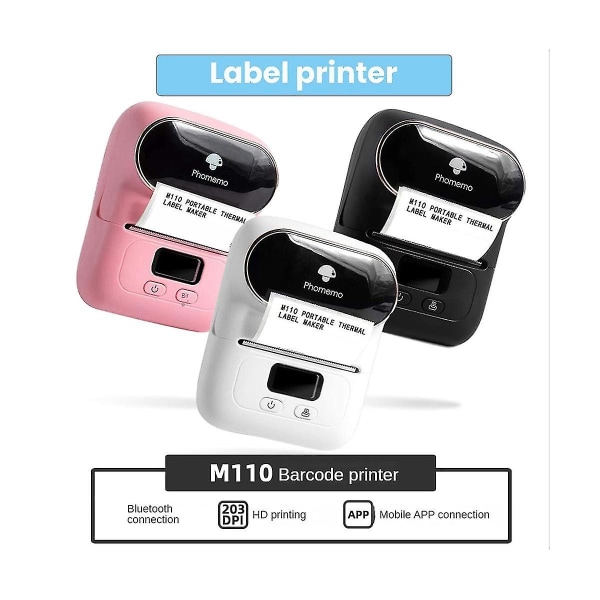 M110 termisk printer Trådløs bærbar Bt-labelprinter uden blæk, der bruger selvklæbende etiketpapir-bl
