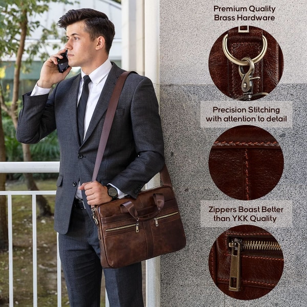 Men's Leather Briefcase, Brown, With Padded Protection, Suitable For Laptops 14 Inches And Below