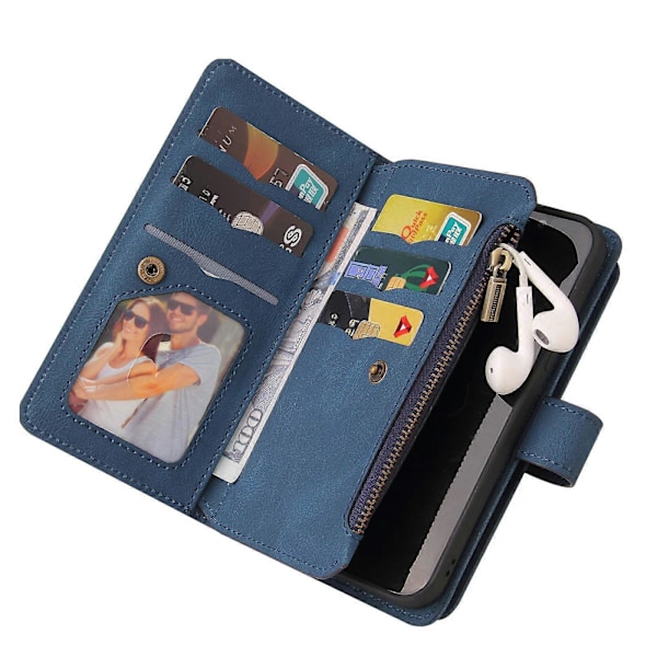Plånboksdesign PU Läder 15 Kortplatser TPU Telefonskal Fodral för Samsung Galaxy S22 Ultra 5G [DB] Blue