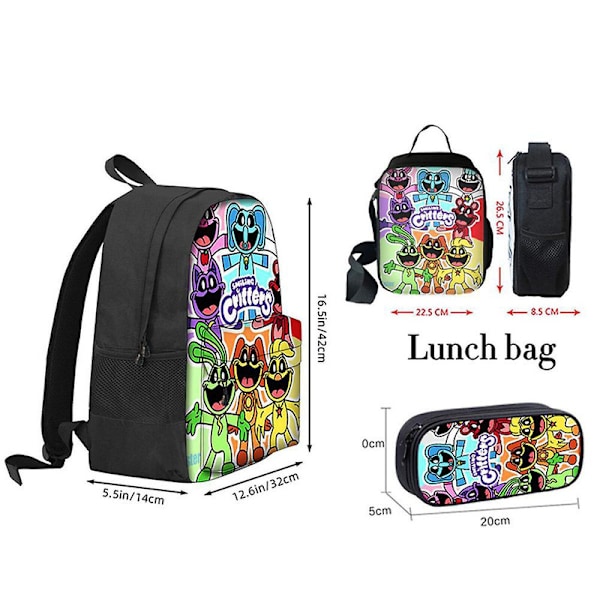 Poppy Playtime-kapittel 3 smilende skapninger student ryggsekk Tredagers ryggsekksett (ryggsekk + lunsjpose + pennal) - db Product 2