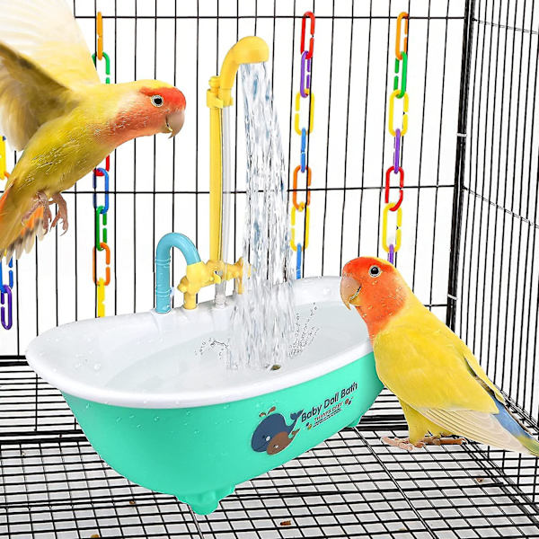 Papegøje badekar, automatisk fuglebadekar med hane og bruser, fuglebadeværelseslegetøj til parakitter, undulater, kakaduer, conure og små fugle [DB] Green