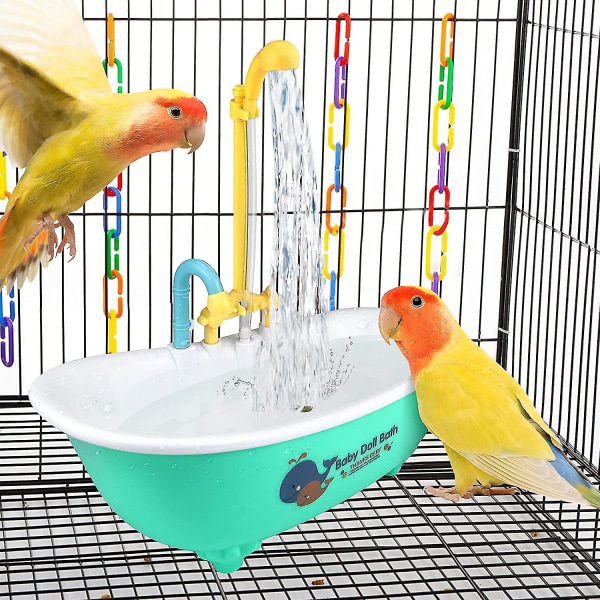 Papegøyebadekar, automatisk fuglebadekar med kran og dusj, fuglebadeleker for parakitter Budgie Cockatiel Conure og småfugler [DB] Green