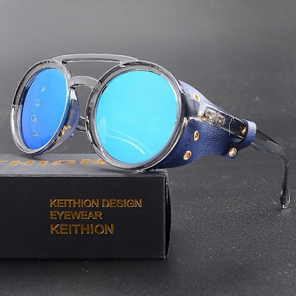 KEITHION Glacier Tuulenpitävät Vuorikiipeily Steampunk-tyyliset Pyöreät Vintage Aurinkolasit, Retro Silmälasit Miehille Naisille Nahkaisilla Sivusuojilla, C [db] Blue Mirror