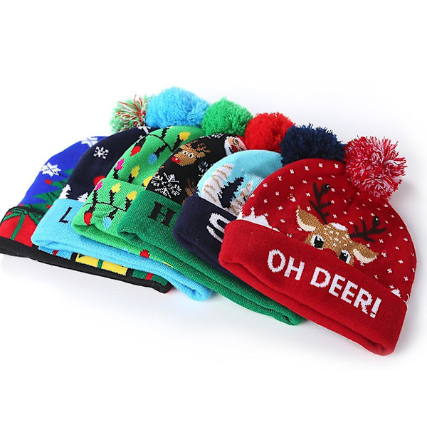 Jultomte, älg och snögubbe LED-ljus stickad mössa med tryck [DB] Old Man + Elk