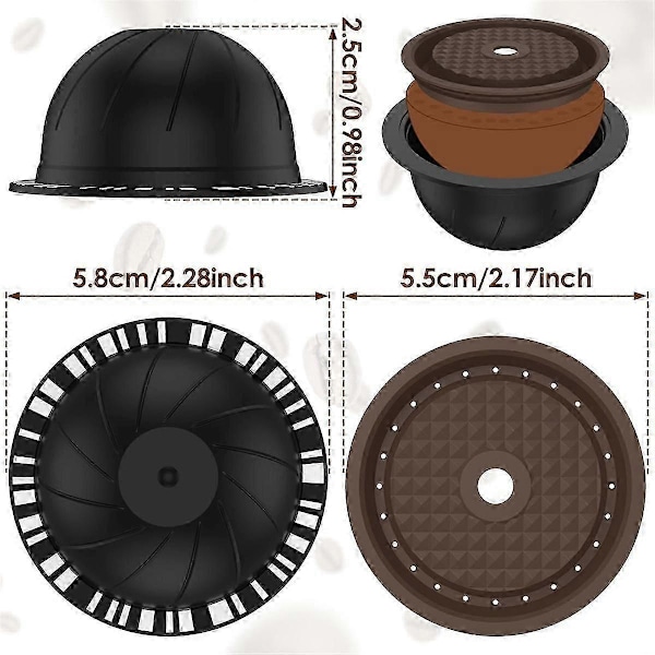 5 st Återanvändbara Vertuo Kapslar för Maskin, Kaffekapsel med 2 Silikonlock 1 Sked och Borste, (230M [DB] BlackBrown