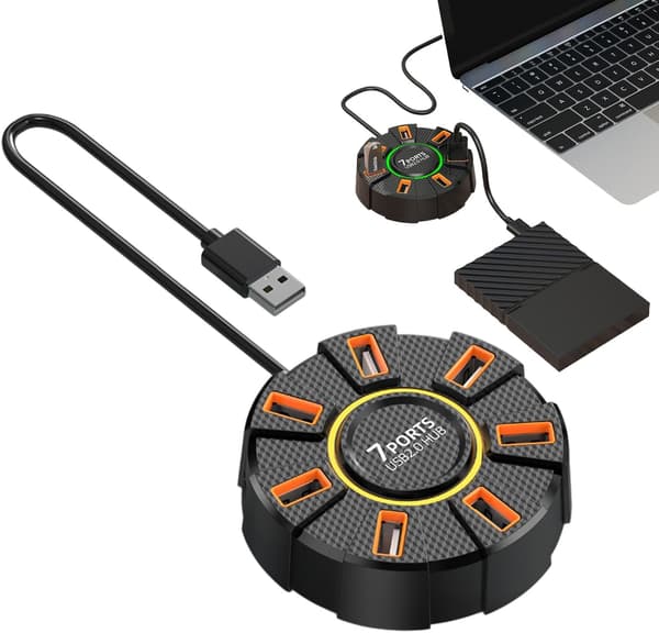 Splitterkabel, adapterporter, rund USB-hub, rund design data 7 porter bærbar praktisk tilbehør fargerike lys solid materiale allsidig[DB]