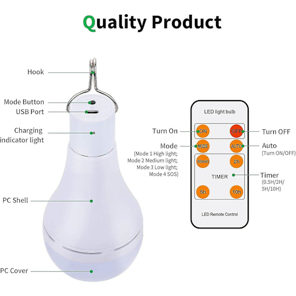 USB Genopladelige LED Pærer, Afoskce Bærbar Campinglys med Fjernbetjening Timer, 5 Lystilstande, med Krog, 1500mAh Smart Pærer {db}