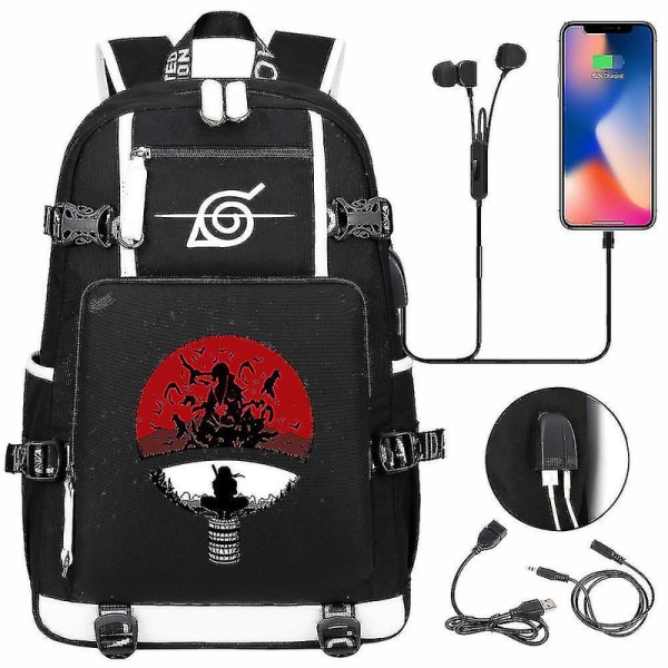 Anime Naruto Akatsuki Itachi Sharingan Rygsæk Usb Cahrge Gymnasieelever Skole Tasker Kapacitet Rejse Laptop Skuldertasker DB Silver