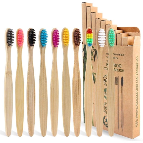 Bambus tannbørster med myke børster, 10 pakker med organisk naturlig voksen bambus myk tannbørste for familie, reiser (flerfarget)