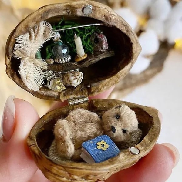 Håndlaget valnøttskall dukkehus miniatyr bibliotek harpiks miniatyr dukkehussett harpiks nøtt hemmelig scene Valentinsdag bursdagsgave 240944 Db E