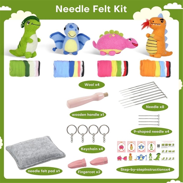 Baby Dinosaur Nålefiltning Kits til begyndere, nålefiltning kit, filt nåle, skum pude, filt klud, instruktion