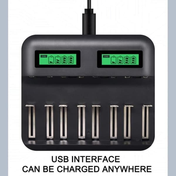 Batterilader - 8 spor - Smart USB - Kompatibel med AA-, AAA- og CD-batterier - LCD