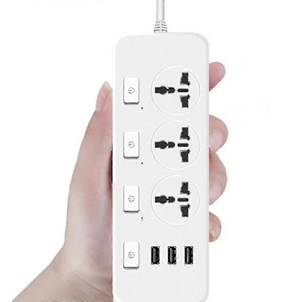 Us/uk/eu Skjøteledning 5v2.1a Overspenningsvern Med 3 Stikkontakter & 3 Usb-porter [db]