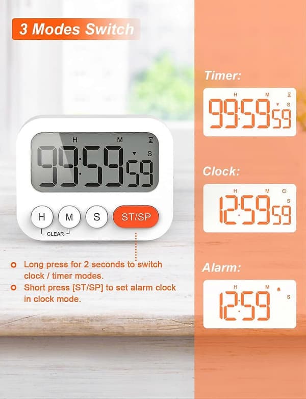 Digital Timer Äggklocka Digital Köksklocka med Klocka, Stoppur, Väckarklocka, Magnet, 3-nivåers Volym, LCD-Display för Studier, Matlagning, [Db]